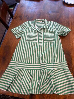 Entro green white stripe dress, lined, with pockets, sz M